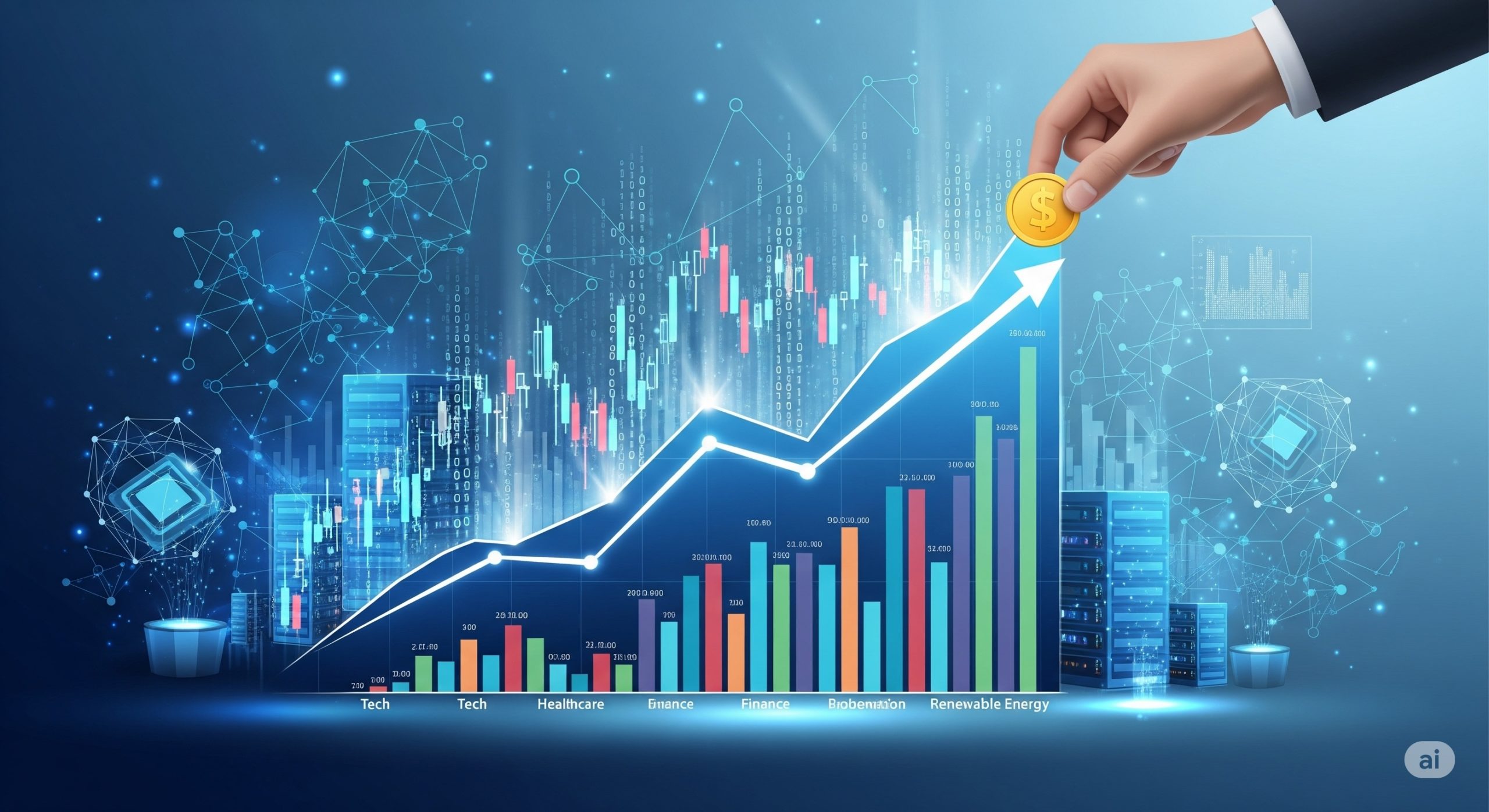 Ein Hand platziert eine goldene Münze auf einem steil ansteigenden Liniendiagramm, das eine erfolgreiche Investition symbolisiert. Im Hintergrund sind ein Balkendiagramm mit verschiedenen Sektoren (Technologie, Gesundheitswesen, Finanzen, erneuerbare Energien) und abstrakte Darstellungen von Technologie und Daten zu sehen. Das Bild vermittelt ein Gefühl von Wachstum und intelligenter Anlagestrategie.