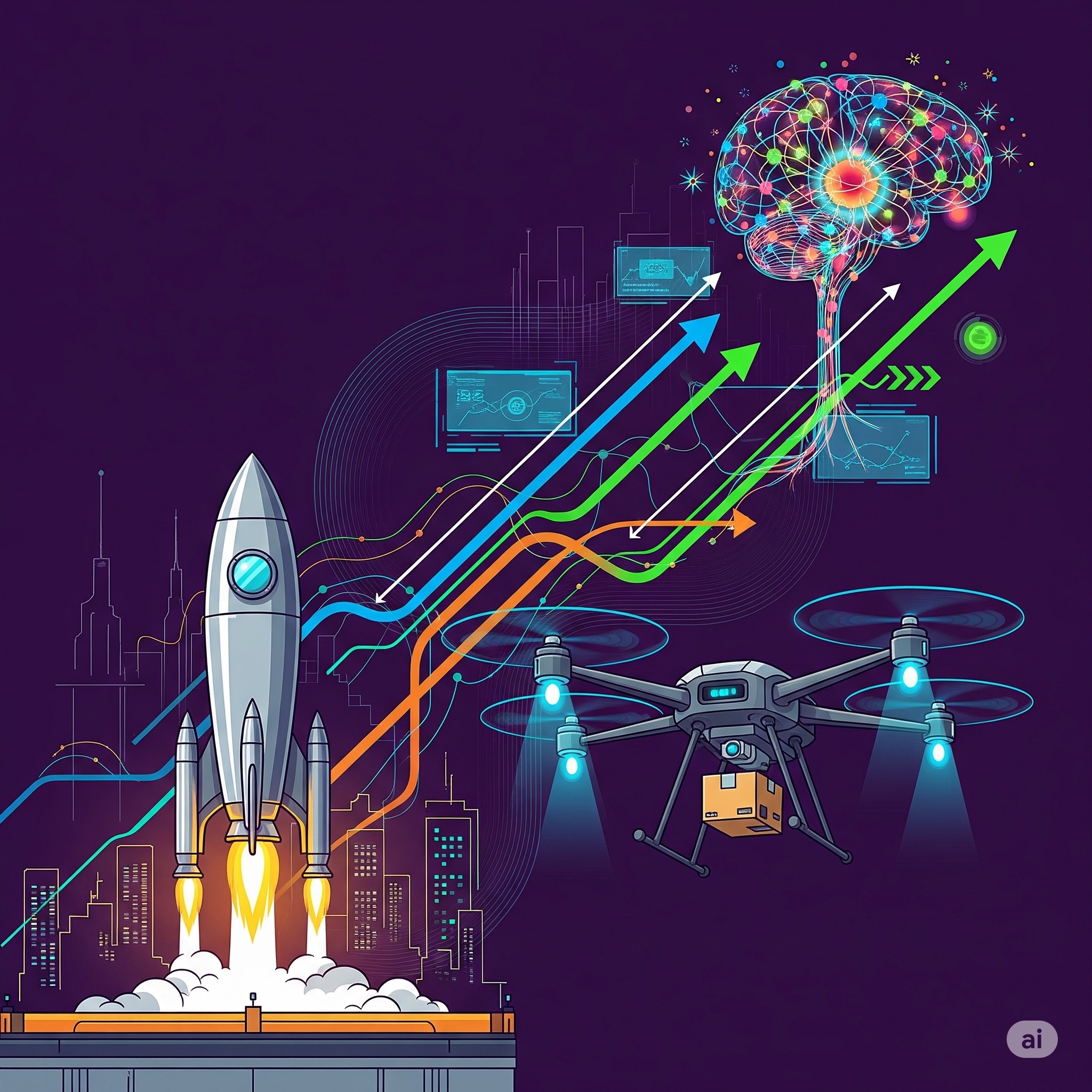 tilisierte Illustration eines Technologie-Portfolios mit Rakete, Drohne und KI-Gehirn, verbunden durch steigende Chartlinien.