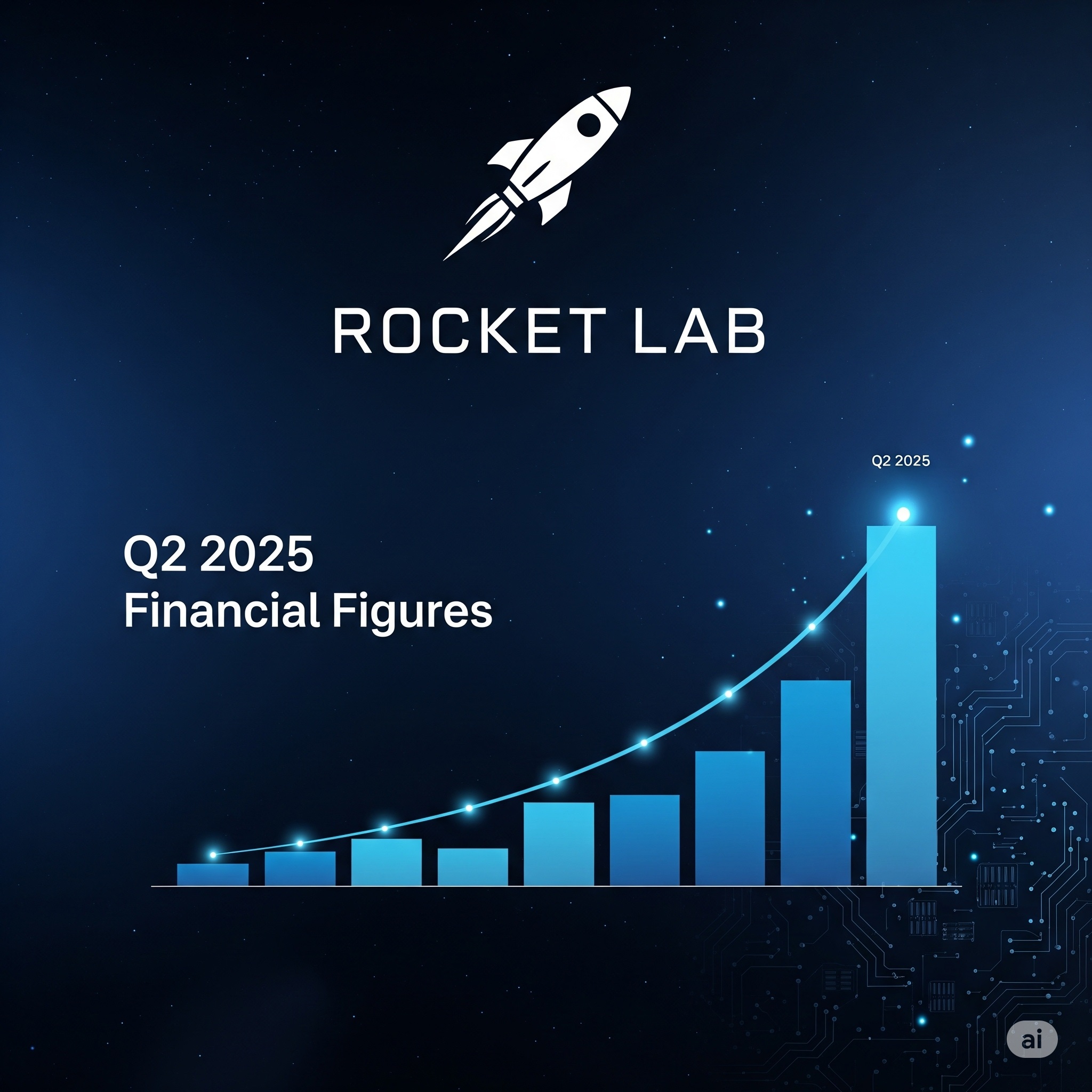 Ein Bild mit dem Rocket Lab-Logo und einem Balkendiagramm, das die Q2 2025 Finanzergebnisse des Unternehmens mit einem Aufwärtstrend veranschaulicht.