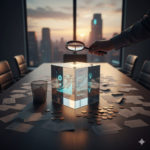 Mann mit Lupe analysiert transparenten, leuchtenden Finanzwürfel auf unordentlichem Schreibtisch, umgeben von verstreuten Papieren und Münzen, mit Stadtbild bei Sonnenuntergang im Hintergrund. Symbolisiert den Fokus auf klare Investmentstrategie gegenüber einem diffusen Portfolio