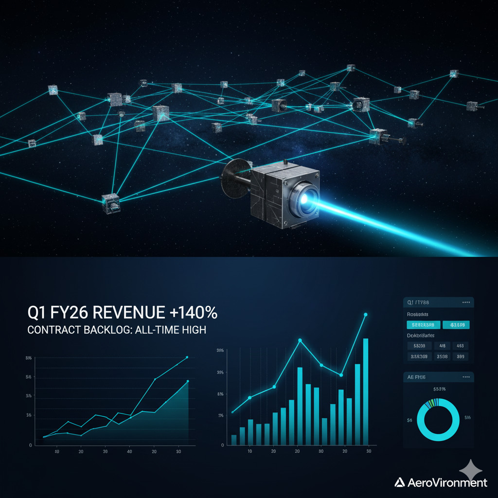 "Oben: Satellit sendet blauen Laserstrahl in einem Netzwerk von Satelliten im All. Unten: Digitale Finanzdiagramme und Text, der 'Q1 FY26 Revenue +140%' und 'Contract Backlog: All-Time High' hervorhebt, mit dem AeroVironment-Logo. Symbolisiert AeroVironments Wachstum durch Laserkommunikation im Weltraum."