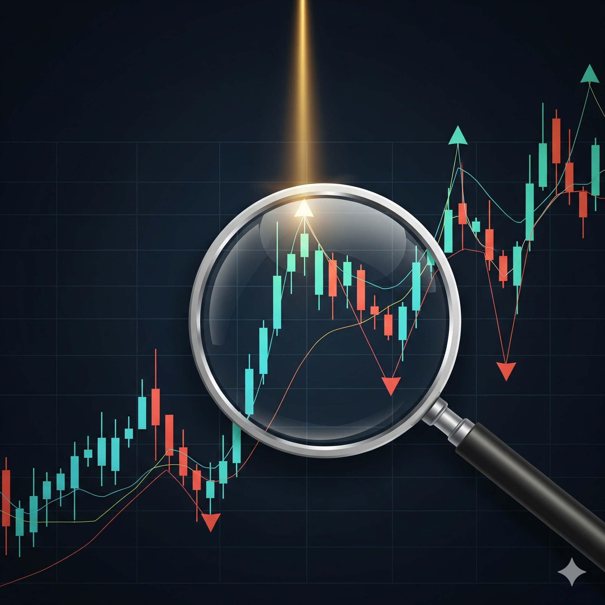 "Konzeptionelle Darstellung des Handels mit einem Vergrößerungsglas, das einen Börsenchart untersucht. Ein goldener Lichtstrahl hebt eine erfolgreiche Handelsentscheidung in Form eines Aufwärtspfeils hervor, was die strategische Analyse von Markttrends symbolisiert."