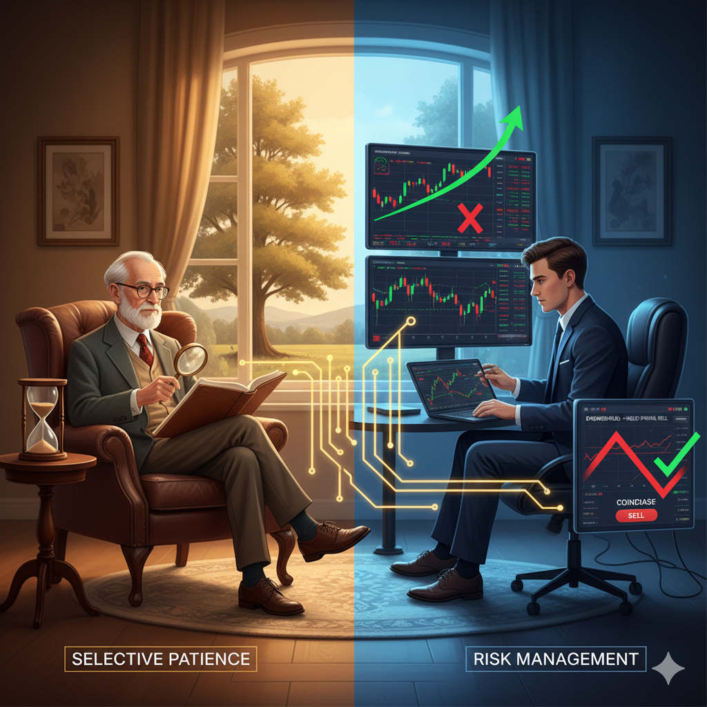 Ein Investor im Büro, der gleichzeitig langfristige Charts analysiert und auf kurzfristige Marktbewegungen reagiert, symbolisiert die Balance aus Geduld und Risikomanagement.
