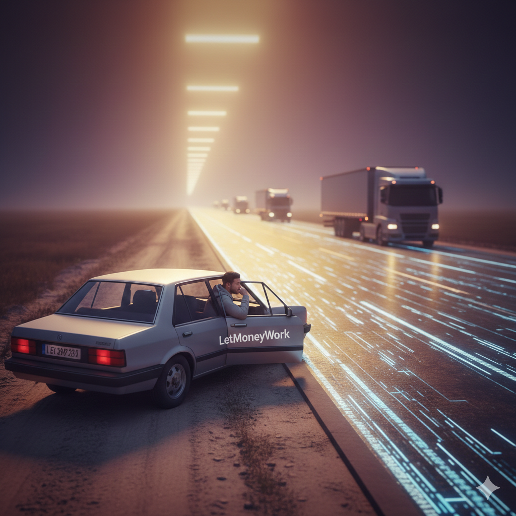 Auto am Strassenrand. Hoghway für Daten mit LKWs